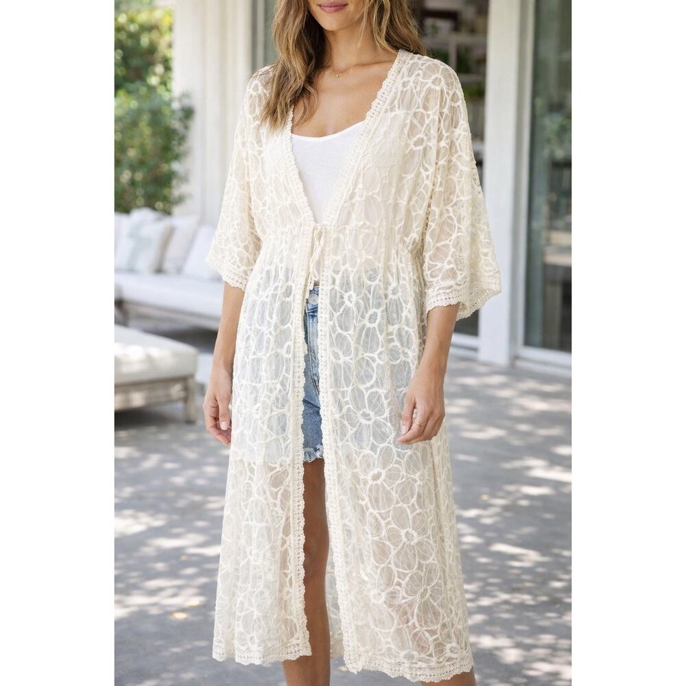 Do Everything In Love Women's Sheer Floral Lace Open Front Ivory Kimono Cover Up